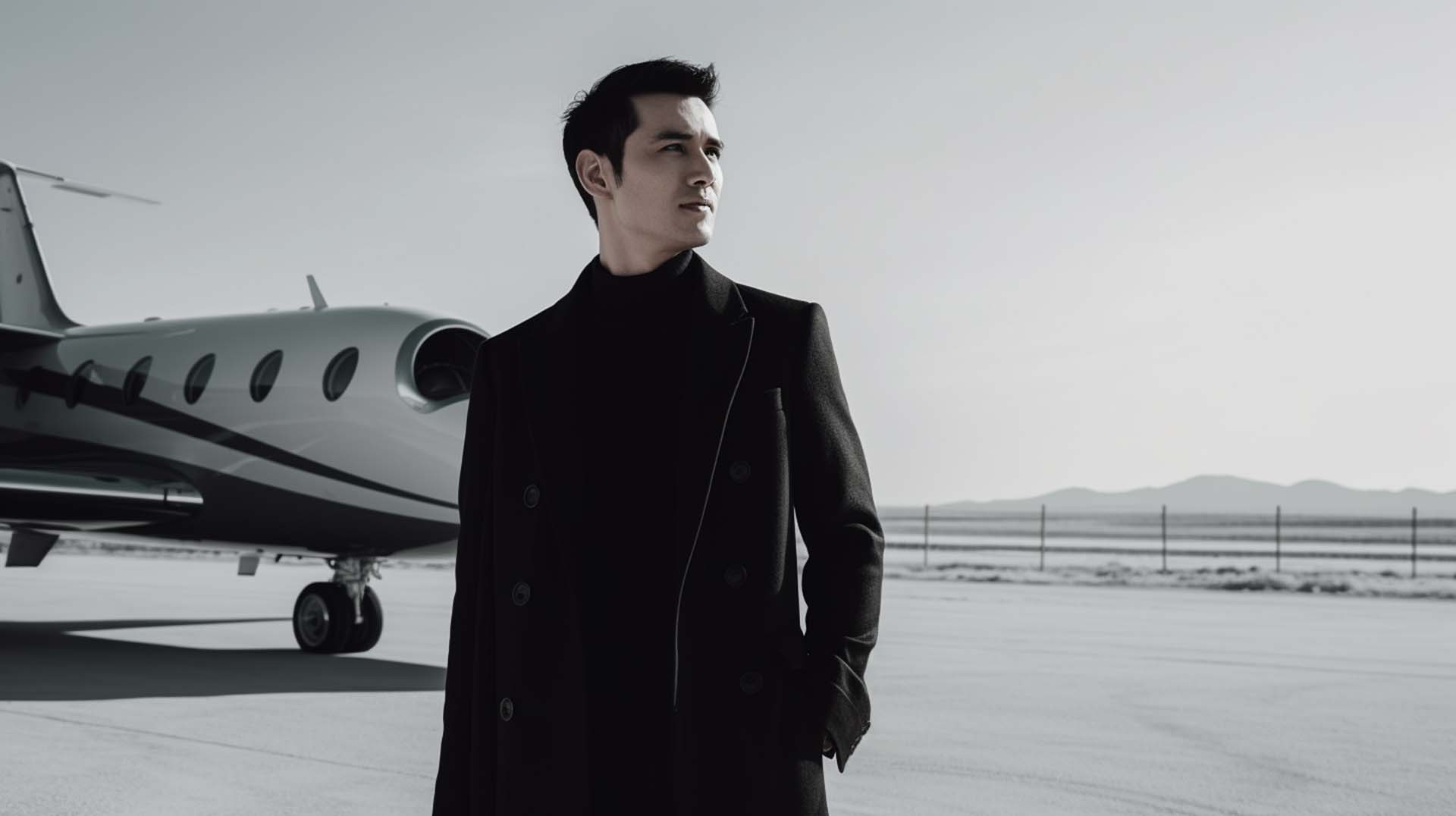 A young business man standing in front of a private jet